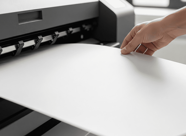 Hand loading paper into large format printer