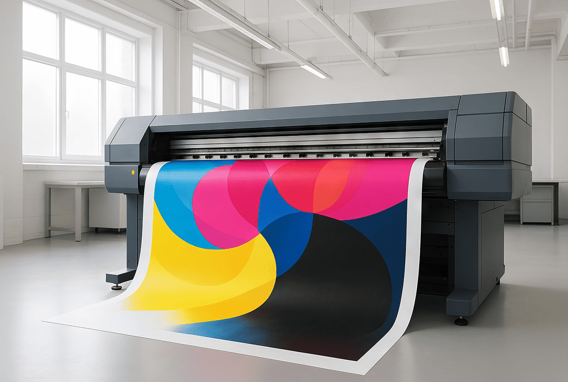Wide-format printer producing vibrant CMYK abstract poster