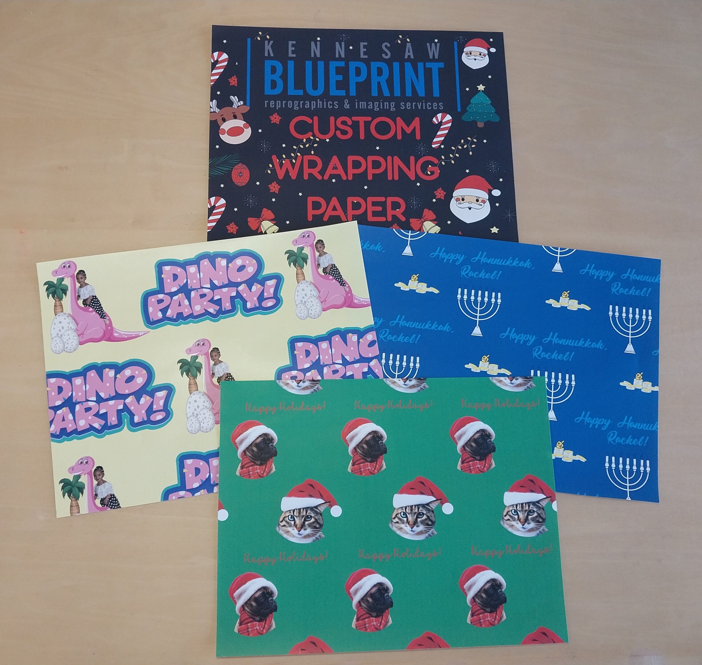 Custom wrapping paper samples: holiday, Hanukkah, dinosaur