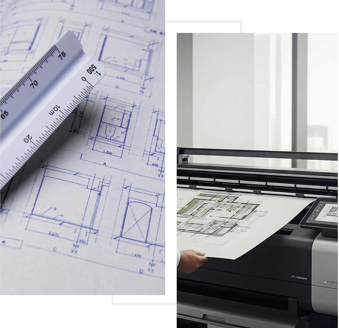 Architectural plans with ruler and plotter printer