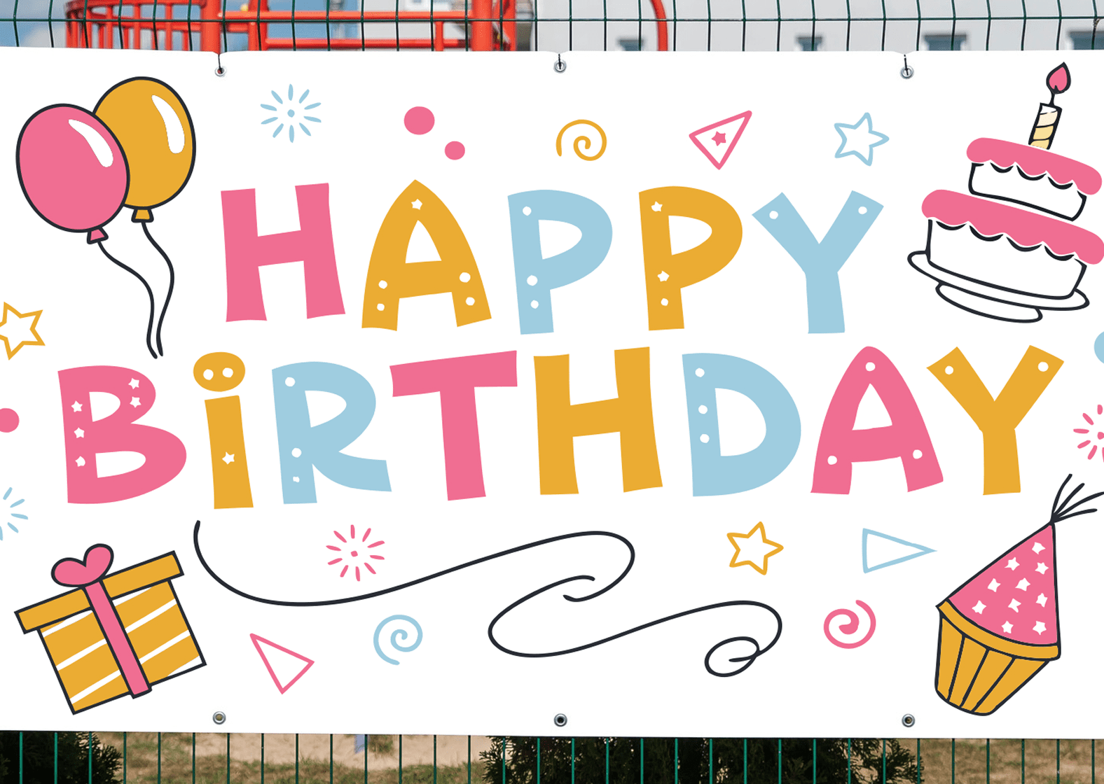 Colorful Happy Birthday banner with cake and balloons